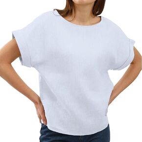 Amazhiyu Womens Pure Linen Short Sleeve Blouses Basic Summer Casual Tops