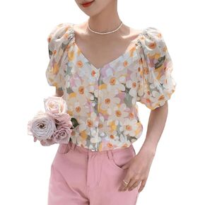 SweatyRocks Women's Floral Print Short Puff Sleeve Button Front Top Casual Cute V Neck Blouse