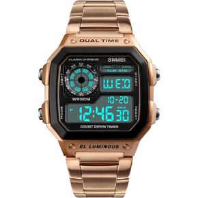 Watches for Men Fashion Trend Gold Multi-Function Waterproof Watch LED Digital Chronograph Stainless Steel Square Watches