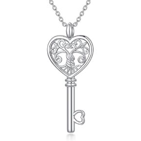 POPKIMI Key Necklace Sterling Silver Tree of Life Pendant Necklace for Women Key Jewelry Fashion Jewelry for Women Mom Wife Birthday Anniversary Graduation Gifts