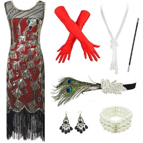 IWIWB 20's Vintage Peacock Sequin Fringed Party Flapper Dress Costume Set