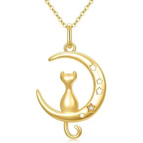 SISGEM 14K Yellow Gold Moon Cat Necklace for Women, Natural Diamond Star Crescent Moon Pendant Delicate Jewelry Anniversary Birthday Gift for Wife, Mom, Girl 18 inch Gold Adjustable Chain