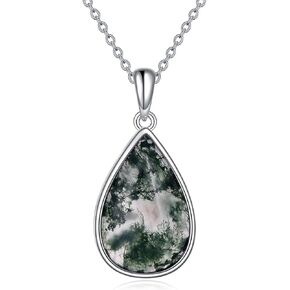 Natural Agate Necklace Sterling Silver Teardrop Moss Pendant Necklace for Women Jewelry Gifts