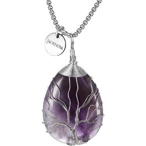 Healing Crystal Necklace for Women Tree of Family Pendant Family Tree Wire Wrapped Jewelry Energy Healing Teardrop pendant (24 Inches Stainless Steel Chain)