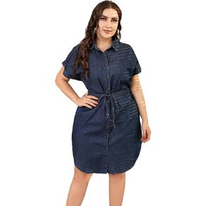Love Welove Fashion Women's Summer Denim Cotton Shirt Dress Short Sleeves Knee Length Button Down Casual Dress with Pockets