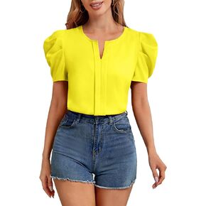 Floerns Women's Casual Notched Neck Short Puff Sleeve Blouse Tops