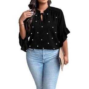 WDIRARA Women's Plus Size Pearls Tie Neck Ruffle Trim Flounce Sleeve Blouse Tops