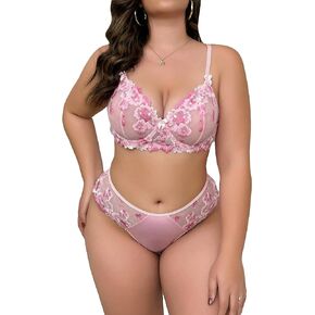 WDIRARA Women's Plus Size Floral Embroidery Mesh Underwire Lingerie Set Bra and Panty Set