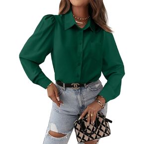 Cicy Bell Womens Button Down Shirts Long Puff Sleeve V Neck Casual Work Office Tunic Top