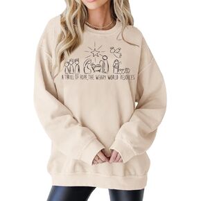 IZYJOY Women Jesus Christmas Sweatshirt Nativity Scene Graphic Top Xmas Christian Crewneck Oversized Pullover Winter Sweater