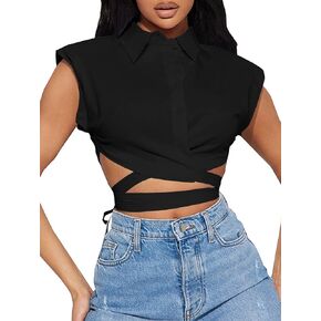 Vrtige Women's Collar Neck Button Down Self Tie Criss Cross Sleeveless Blouse Shirt Crop Top