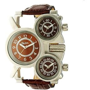 Oulm Three Time Display Quartz Mens Military Army Sport Wrist Watch Coffee