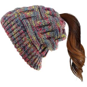 قبعة صغيرة على شكل كعكة فوضوية على شكل ذيل حصان، قبعة متماسكة بنقاط ملونة للنساء والفتيات في الشتاء in Kuwait