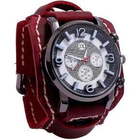 MINILUJIA Handmade Men Watches Vintage Punk Hip-hop Gothic Wide PU Leather Fashion Cuff Round Dial Quartz Wristwatch Big Dial Black Brown