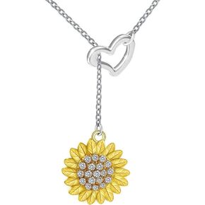 Caiyao Retro Sunflower Rhinestone Beads Love Heart Pendant Necklace for Women Girls 14K Gold Silver Plated You are My Sunshine Flower Plant Chain Necklace Party Birthday Holiday Jewelry Gifts