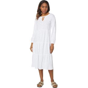 Slub Jersey Long Sleeve Shirred Tiered Dress