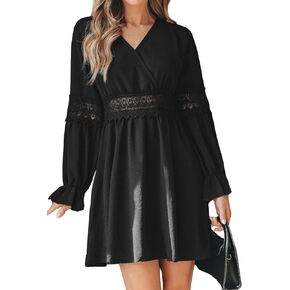CUPSHE Women's Mini Dress V Neck Lace Waist Long Ruffled Trumpet Sleeve A Line Short Casual Dresses