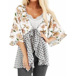 ChainJoy Chiffon Boho Floral Kimono Cardigans Tie Front Half Sleeve