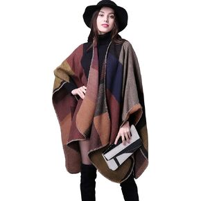 Bakerdani Women's Color Block Shawl Wrap Open Front Poncho Cape Cardigan Sweater