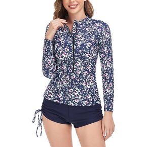 AUBIG Long Sleeve Shorty Wetsuit Women Sun Protection One Piece Swimsuit Printed Full Body Rash Guard Zip Up Surf Swimwear