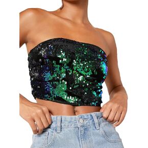 MakeMeChic Women's Glitter Sequin Sleeveless Strapless Party Club Crop Tube Top