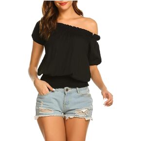 ELESOL بلوزة نسائية بدون أكتاف مكشكشة وعصر النهضة بوهو فلاحي بلوزة قرصان سموكد in Kuwait