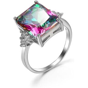 925 Sterling Silver Colorful Zircon Fashion Natural Topaz Ring Square Perfect Cut Rainbow Topaz Gemstone Promise Rings CZ Eternity Engagement Wedding Band Ring for Women (9)