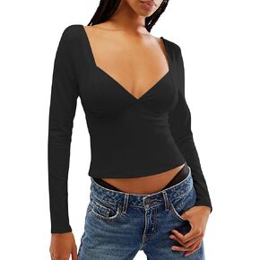 Foreair Women Sexy Backless Long Sleeve Going Out Top Deep V Neck Bustier Cut Out Top