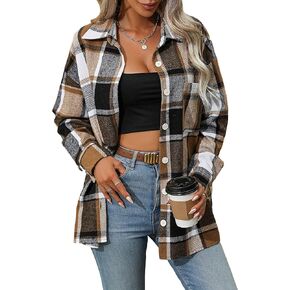 Floerns Women's Plaid Button Front Drop Shoulder Long Sleeve Blouse Top