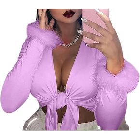 Women Sexy Tie Up Feather Cuff Crop Top Deep V Neck Long Sleeve Shirt Faux Fur Wrapped Blouse