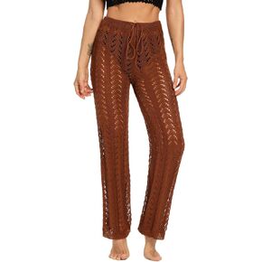 RUEWEY Womens Beach Cover Up Pants Drawstring Crochet Fishnet Hollow Out Knit Mesh Wide Leg Pant
