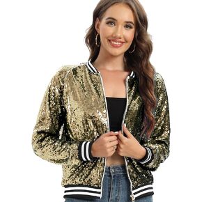 Women's sequined shiny long-sleeved zipper flight jacket casual party disco proscenium ballroom