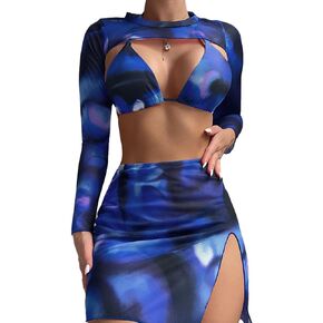 4 Piece Bikini Sets, High Cut Tie Dye Swimsuits, Sexy Bathing Suits with Long Sleeved Top and Skirt Bikini Set