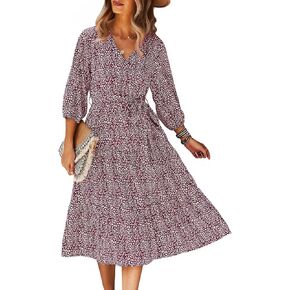 BROVAVE Womens Casual Long Sleeve Ditsy Floral Front Tie Ruffle Hem Flowy Midi Dress