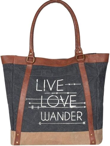 حقائب يد قماشية معاد تدويرها كلاسيكية مع زخرفة من الجلد النباتي (Live Love Wander-Black) in Kuwait