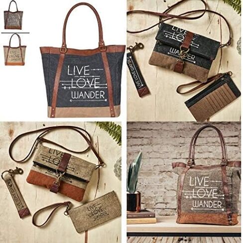 حقائب يد قماشية معاد تدويرها كلاسيكية مع زخرفة من الجلد النباتي (Live Love Wander-Black) in Kuwait