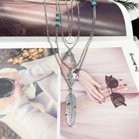 Boho Feather Pendant Necklace Turquoise Choker Necklace 3 Layered State Map Necklace Gift for Best Friends in Kuwait