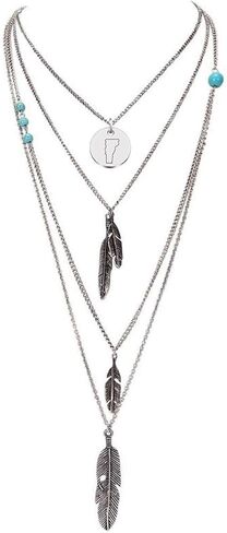 Boho Feather Pendant Necklace Turquoise Choker Necklace 3 Layered State Map Necklace Gift for Best Friends in Kuwait