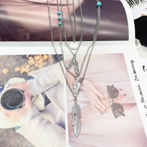Boho Feather Pendant Necklace Turquoise Choker Necklace 3 Layered State Map Necklace Gift for Best Friends in Kuwait