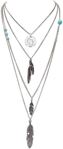 Boho Feather Pendant Necklace Turquoise Choker Necklace 3 Layered State Map Necklace Gift for Best Friends in Kuwait