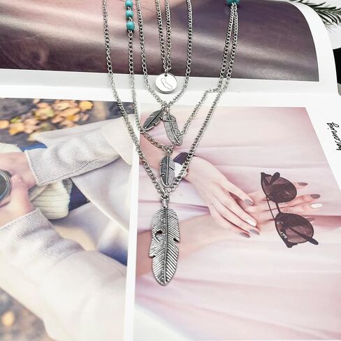 Boho Feather Pendant Necklace Turquoise Choker Necklace 3 Layered State Map Necklace Gift for Best Friends in Kuwait