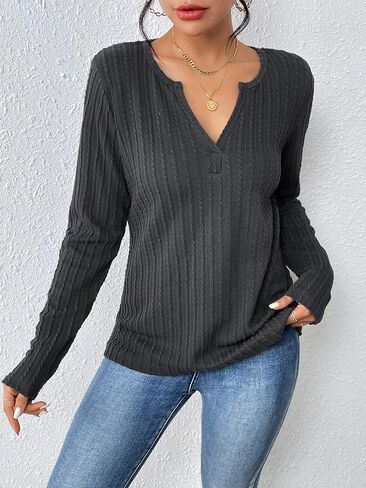 Zeagoo المرأة 2023 كم طويل الخامس الرقبة سليم صالح تي شيرت عادية مضلع متماسكة سترة بلايز S-XXL in Kuwait