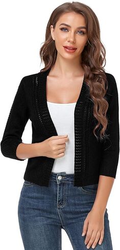 سترة صوفية قصيرة بأكمام 3/4 للنساء من MISSKY مفتوحة من الأمام ومفرغة من نسيج بوليرو in Kuwait