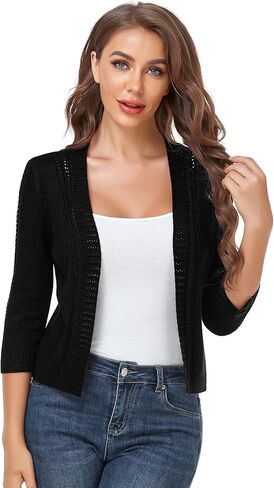 سترة صوفية قصيرة بأكمام 3/4 للنساء من MISSKY مفتوحة من الأمام ومفرغة من نسيج بوليرو in Kuwait