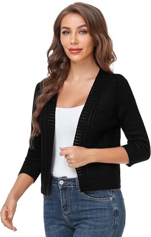 سترة صوفية قصيرة بأكمام 3/4 للنساء من MISSKY مفتوحة من الأمام ومفرغة من نسيج بوليرو in Kuwait