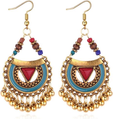 Handmade Bohemian Vintage Gold Bronze Round Flower Geometry Dangle Drop Earrings with Many Teardrop Pendant for Women Girls in Kuwait