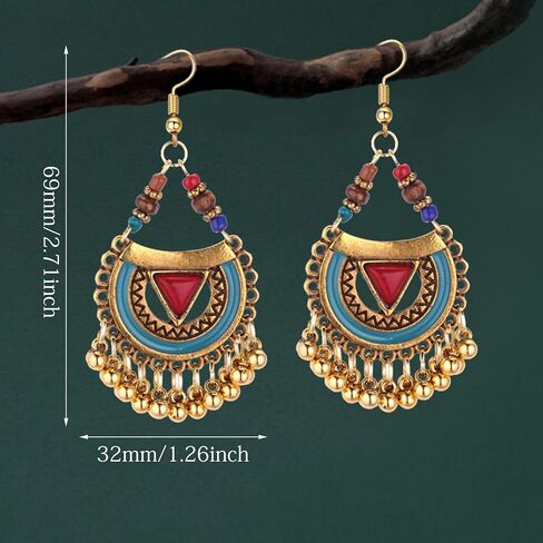Handmade Bohemian Vintage Gold Bronze Round Flower Geometry Dangle Drop Earrings with Many Teardrop Pendant for Women Girls in Kuwait