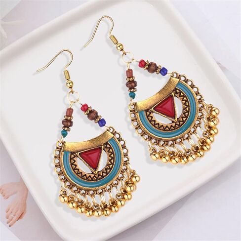 Handmade Bohemian Vintage Gold Bronze Round Flower Geometry Dangle Drop Earrings with Many Teardrop Pendant for Women Girls in Kuwait