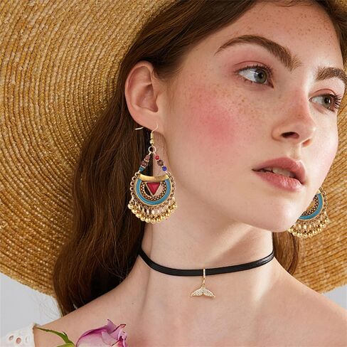 Handmade Bohemian Vintage Gold Bronze Round Flower Geometry Dangle Drop Earrings with Many Teardrop Pendant for Women Girls in Kuwait