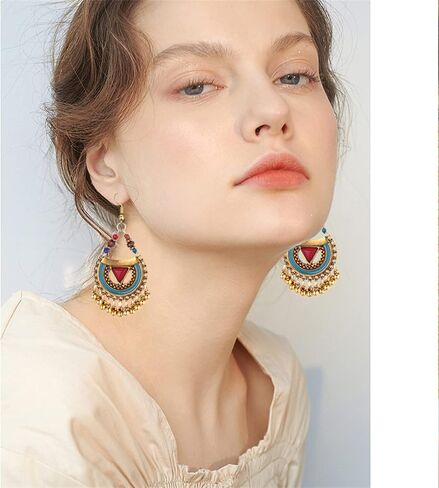 Handmade Bohemian Vintage Gold Bronze Round Flower Geometry Dangle Drop Earrings with Many Teardrop Pendant for Women Girls in Kuwait